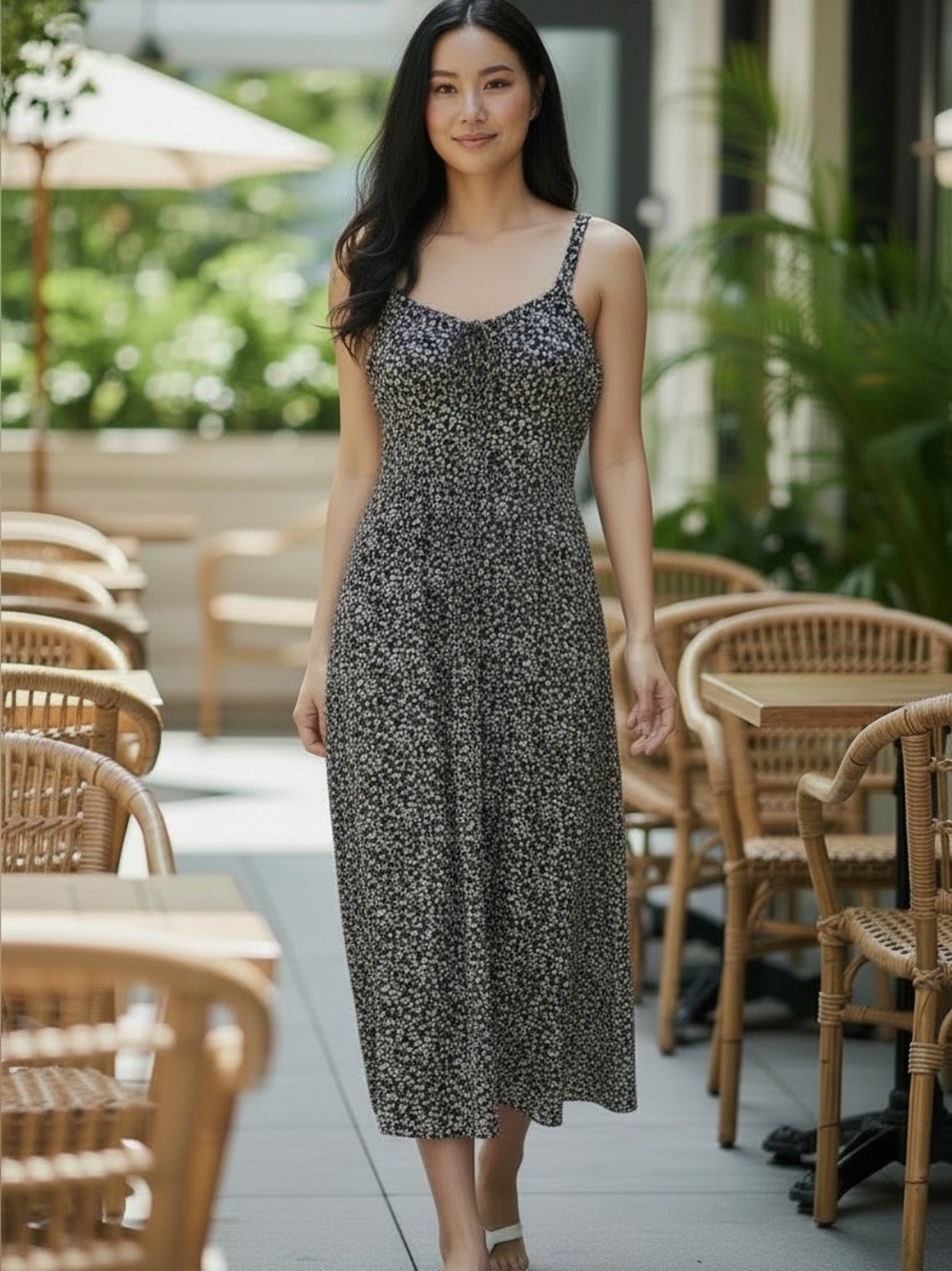 Midi Sundress (L) Group Alina Viscose Soft Stretch Pockets Black White Floral
